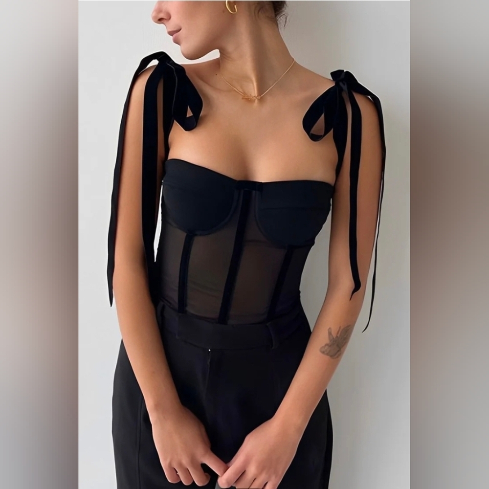 NWT Commense Semi-Sheer Tied Mesh Cami Crop Top Velvet Straps Corset Bodice
